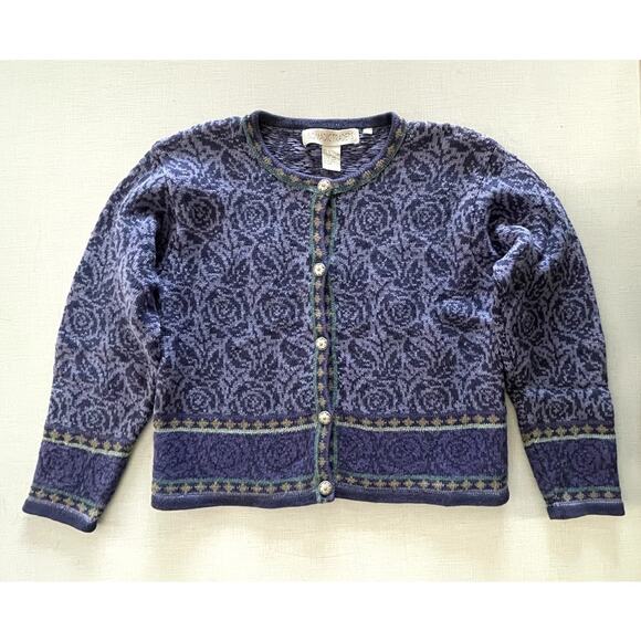 Nomadic Traders Sz M Floral Cardigan Sweater Purple Ramie Cottage Vintage Nordic - Picture 3 of 13